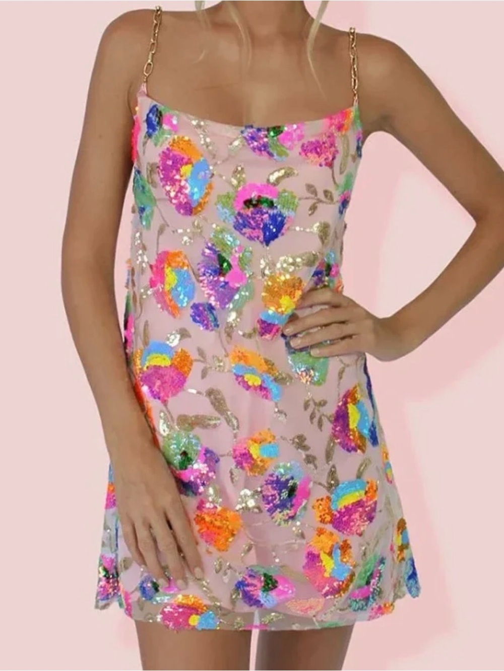 Sequined Floral Slip Dress in Pink